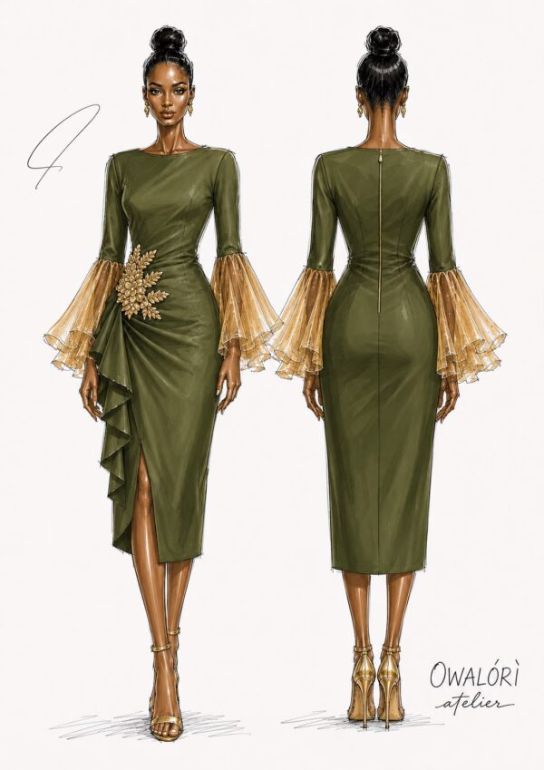 neomi dress emerald and champagne sketch view