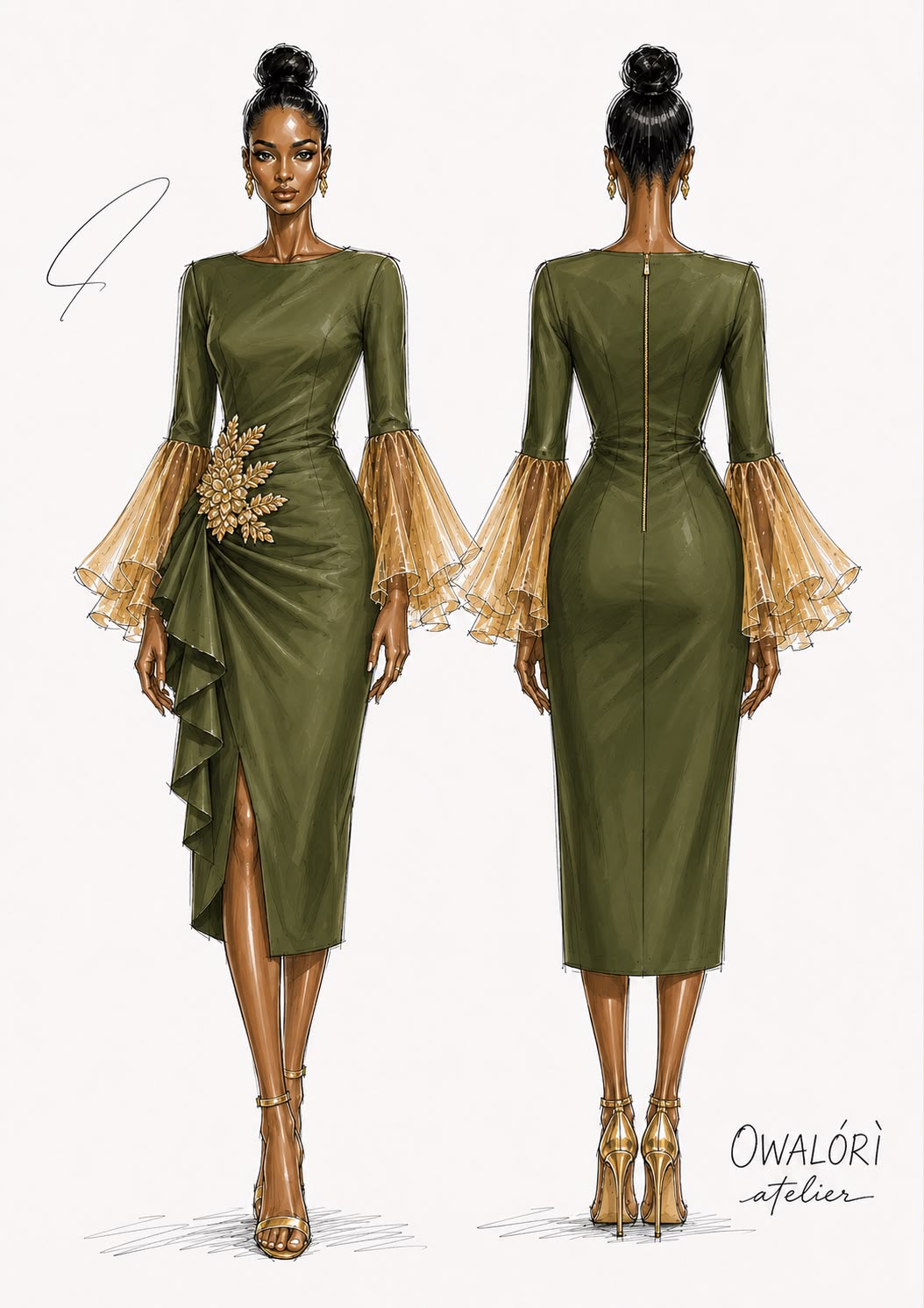 neomi dress emerald and champagne sketch view